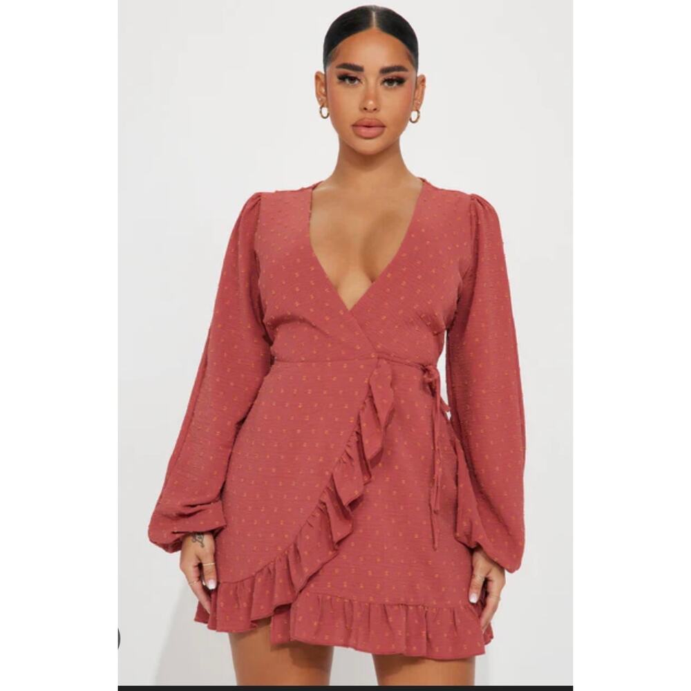 Kali wrap mini dress in Rust from Fashion Nova size Medium